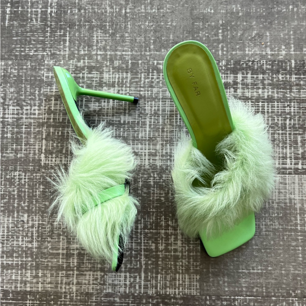 By Far fuzzy fur green sandal heels